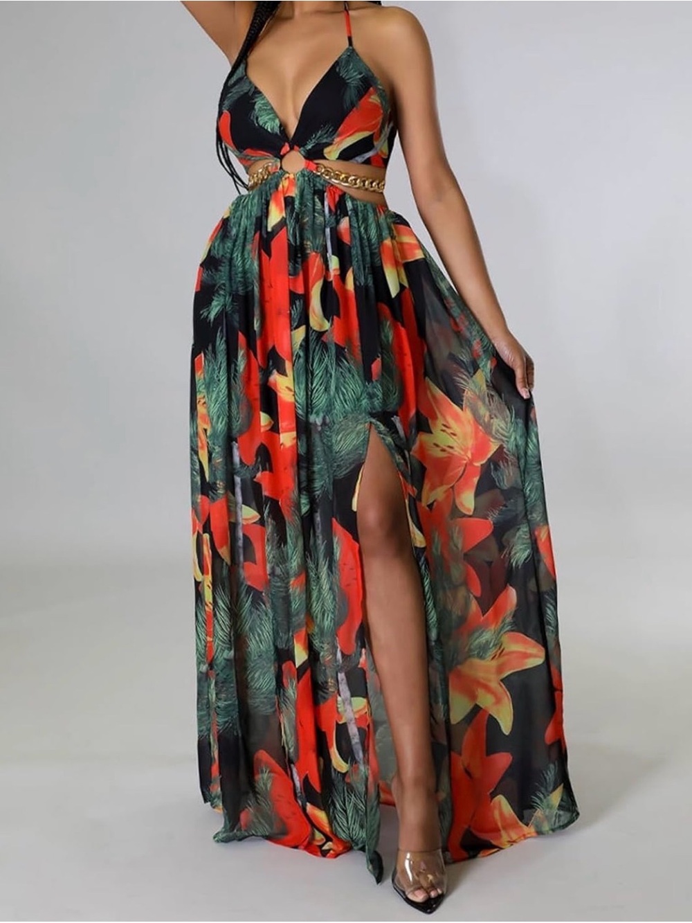 Tropical Floral Cutout Maxi Dress in Black and Red